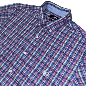Chaps Easy Care Button‎ Down Shirt XL Blue Pink Plaid Short Sleeve Cotton Blend